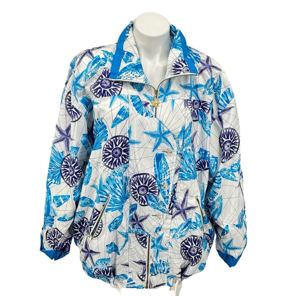 Lavon Vtg Women's Nautical Seashell Windbreaker Track Jacket SZ S Baggy 90s Blue